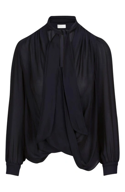 Shop Seven Tie Neck Long Sleeve Silk Blend Blouse In Midnight Navy