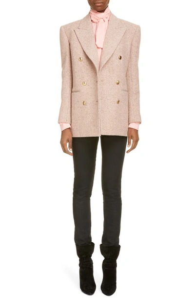 Shop Saint Laurent Double Breasted Wool Tweed Jacket In Rose Pale