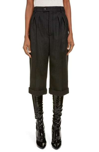 Shop Saint Laurent Crop Pinstripe Wool Trousers In Noir Blanc