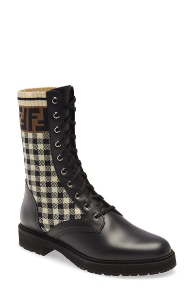 Shop Fendi Ff Gingham Sock Lace Up Boot In Black Multi