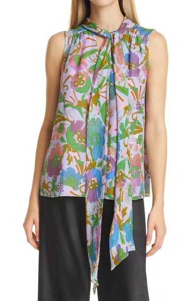Shop Tanya Taylor Adalira Tie Neck Sleeveless Silk Georgette Top In Floral Sweet Lavendar