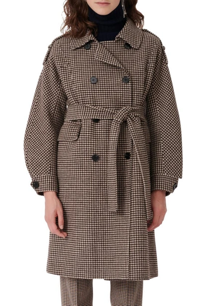 Shop Maje Houndstooth Check Belted Wool Blend Coat In Brown