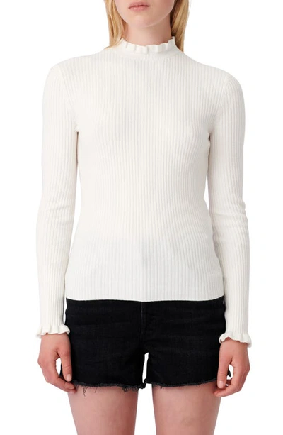 Shop Maje Ruffle Ribbed Sweater In Ecru