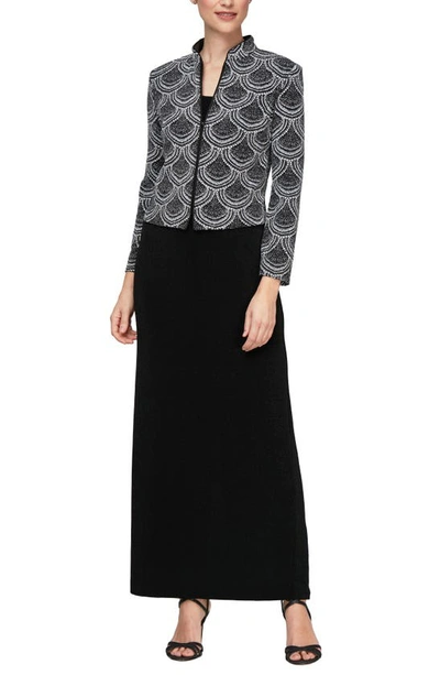 Shop Alex Evenings Column Gown With Mandarin Collar Jacket In Black/ White