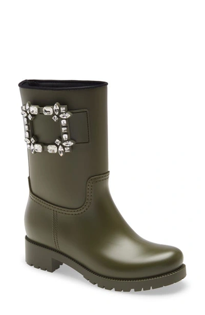 Shop Roger Vivier Tempête Viv Crystal Buckle Waterproof Rain Boot In Army