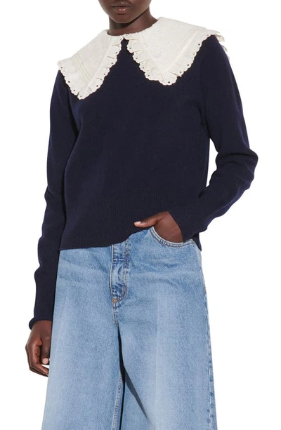 Shop Sandro Embroidered Collar Sweater In Dark Navy