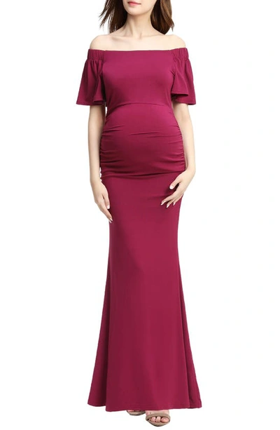 Shop Kimi And Kai Abigail Off The Shoulder Maternity Trumpet Gown In Berry