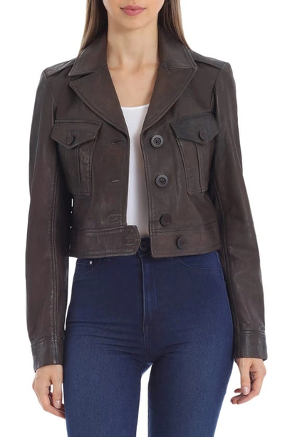 Shop Avec Les Filles Leather Crop Trucker Jacket In Vintage Brown