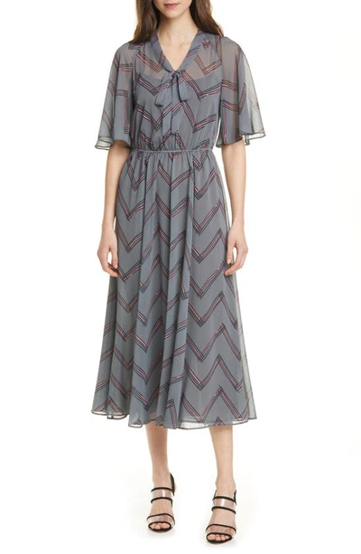 Shop Emporio Armani Chevron Print Tie Neck Dress In Gray Vinyl