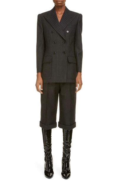 Shop Saint Laurent Double Breasted Pinstripe Wool Blazer In Noir Blanc