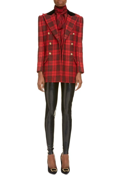 Shop Saint Laurent Plaid Double Breasted Wool Jacket In Rouge Noir