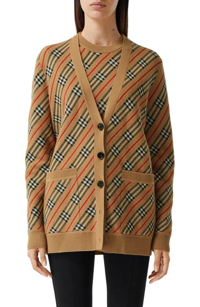 Shop Burberry Coralie Icon Stripe Merino Wool Blend Cardigan In Camel