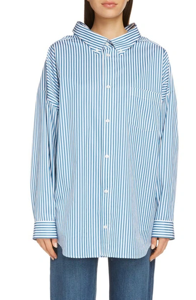 Shop Balenciaga Stripe Logo Oversize Cotton Poplin Shirt In Petrol Blue/ White