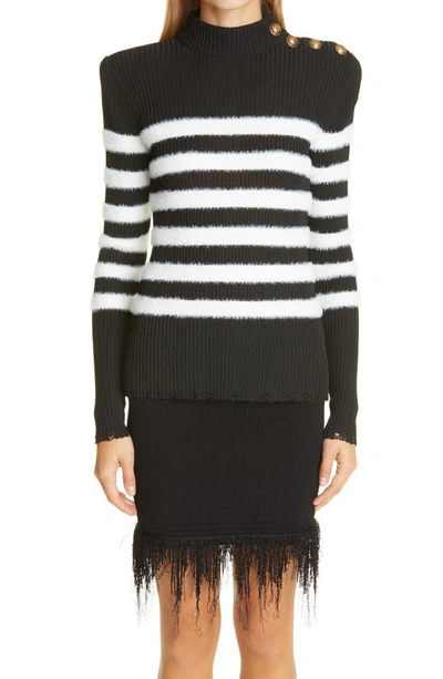 Shop Balmain Placed Stripe Sweater In Noir/ Blanc