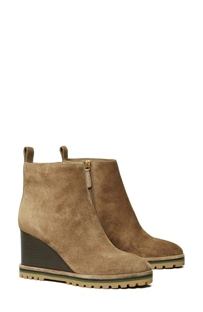 Tory Burch Suede Logo Lug Sole Wedge Boot In River Rock | ModeSens
