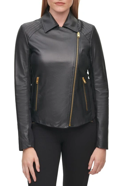 Shop Karl Lagerfeld Knit Panel Leather Moto Jacket In Black