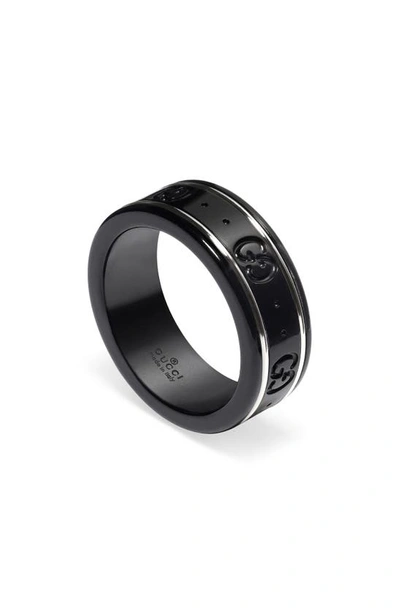 Shop Gucci Icon Band Ring In Black/ White Gold