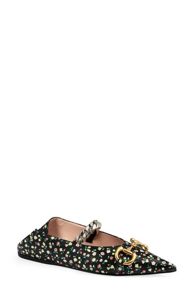 Shop Gucci X Liberty London Deva Floral Horsebit Convertible Pointed Toe Flat In Black/ Peach