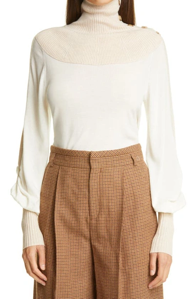 Shop Chloé High Neck Bishop Sleeve Wool Sweater In Cloudy White