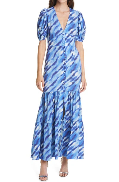Shop Rotate Birger Christensen Thora Print Puff Sleeve Maxi Dress In Tiger Silver Lake Blue