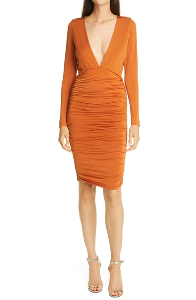 Shop Le Superbe La Lady Long Sleeve Ruched Plunge Body-con Dress In Saffron