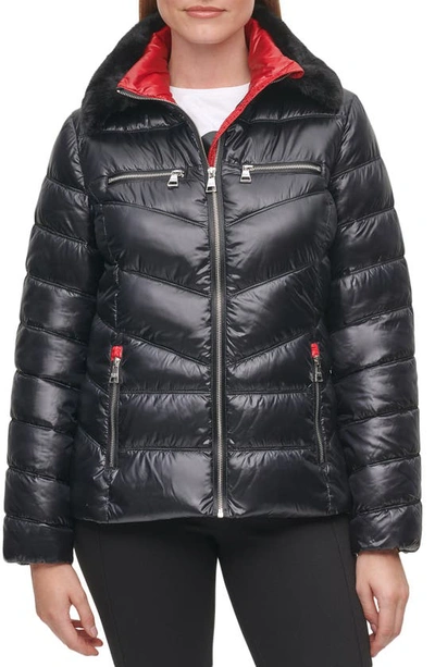Shop Karl Lagerfeld Faux Fur Collar Short Puffer Jacket In Black