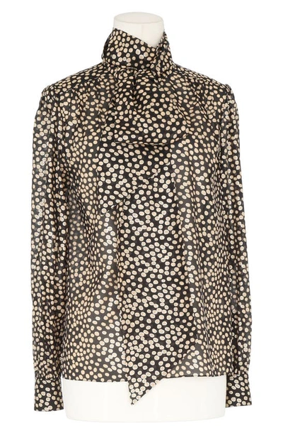 Shop Saint Laurent Polka Dot Silk Tie Neck Blouse In Noir Nude Or