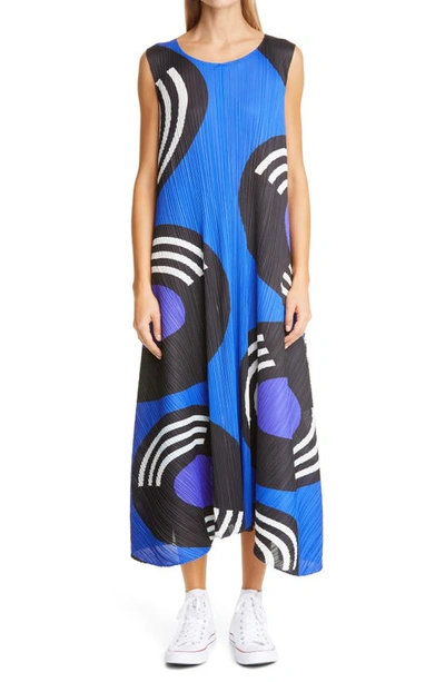 Shop Issey Miyake Record Print Pleated Swing Dress In Sapphire Blue