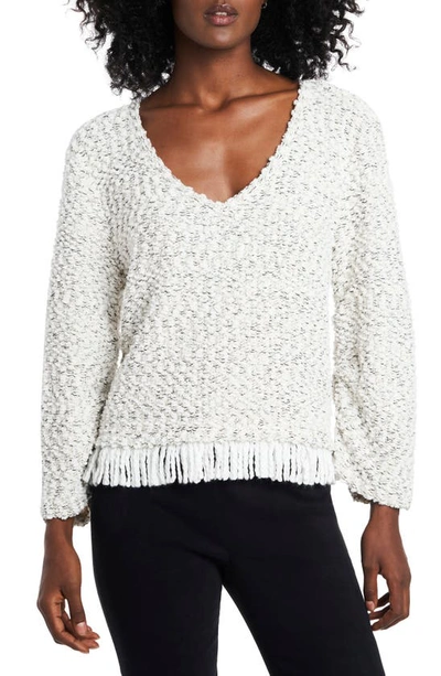 Shop Vince Camuto Fringe Hem Cotton Blend Boucle Sweater In Pearl Ivory