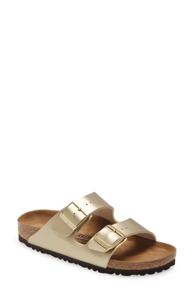 Shop Birkenstock Arizona Birko-flor Slide Sandal In Gold Faux Leather