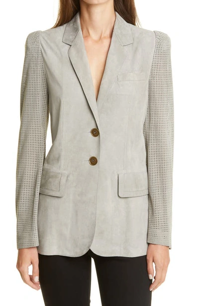 Shop Fendi Perforated Puff Sleeve Leather Blazer In F1bgt Drum