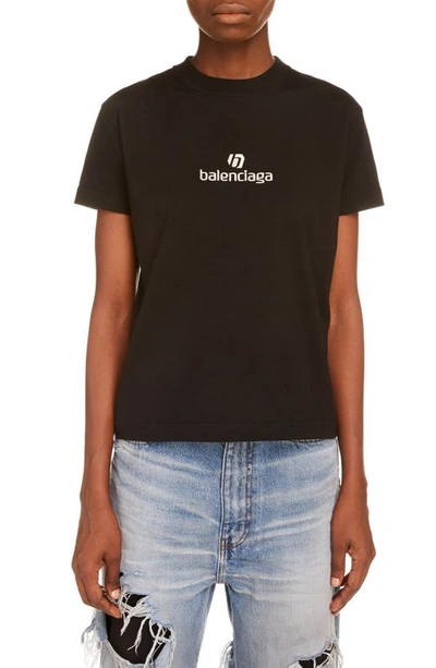 Shop Balenciaga Sponsor Logo Embroidered Fitted T-shirt In Black/ Chalky White