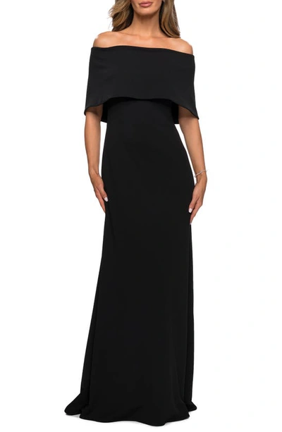 Shop La Femme Off The Shoulder Jersey Gown In Black