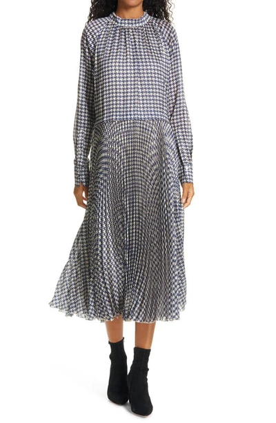 Shop Birgitte Herskind Nima Houndstooth Long Sleeve Midi Dress In Navy Pepita