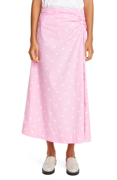 Shop Ganni Polka Dot Print Organic Cotton Midi Skirt In Cherry Blossom 480