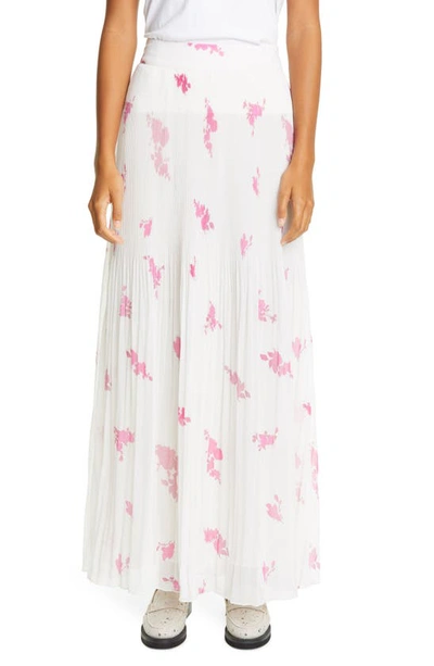 Shop Ganni Rose Print Pleated Georgette Maxi Skirt In Egret 135
