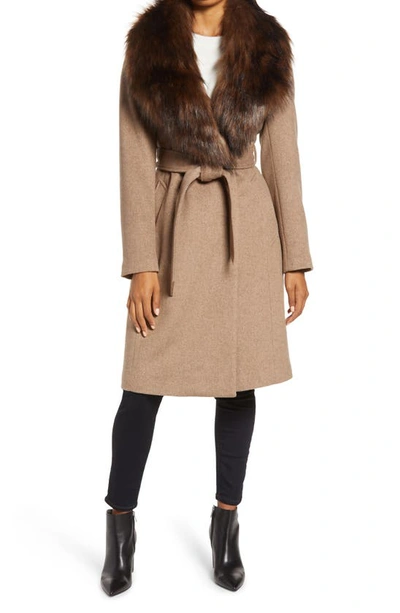 Shop Ellen Tracy Wool Blend Wrap Coat With Removable Faux Fur Collar In Brown