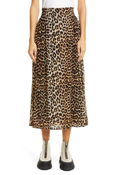 Shop Ganni Leopard Print Georgette Midi Skirt