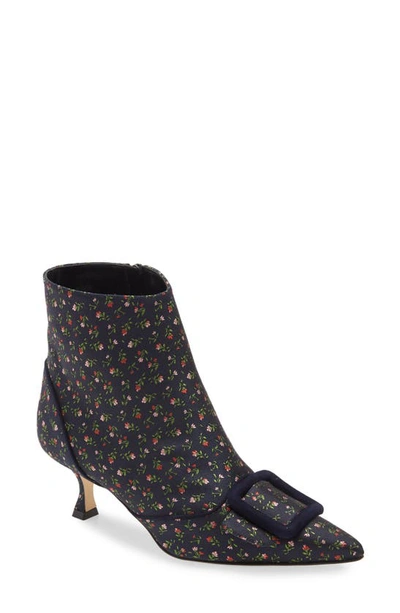 Shop Manolo Blahnik Baylow Floral Pointed Toe Bootie In Navy