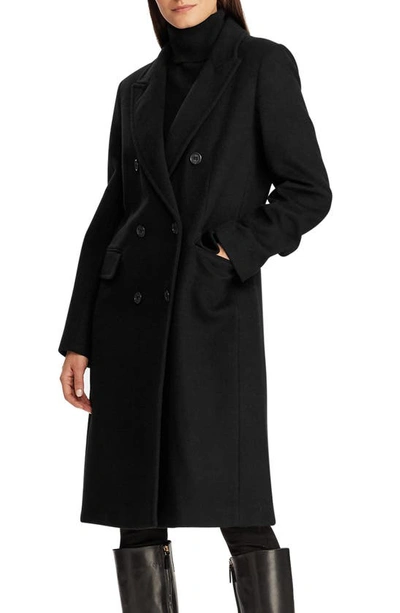 Shop Lauren Ralph Lauren Double Breasted Wool Blend Coat In Black
