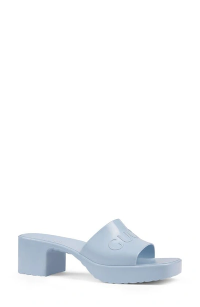 Shop Gucci Rubber Logo Platform Slide Sandal In Porcelain Light Blue