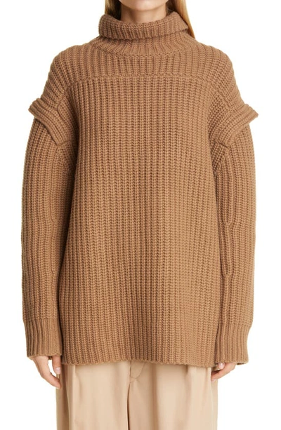 Shop Loulou Studio Layered Sleeve Wool & Cashmere Turtleneck Sweater In Camel