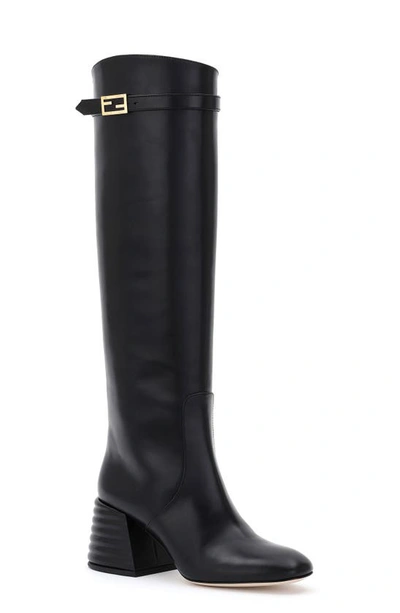 Shop Fendi Buckle Detail Block Heel Knee High Boot In Black