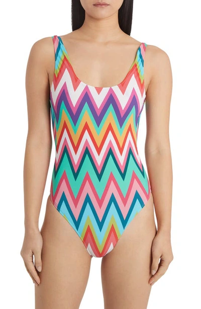 Shop Missoni Zigzag Print One-piece Swimsuit In Blue Multi