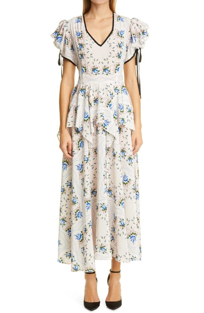 Shop Rodarte Floral Print Peplum Long Dress In Blue Floral