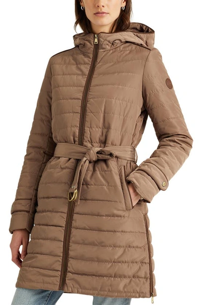 Shop Lauren Ralph Lauren Belted Hooded Quilted Coat In Mushroom