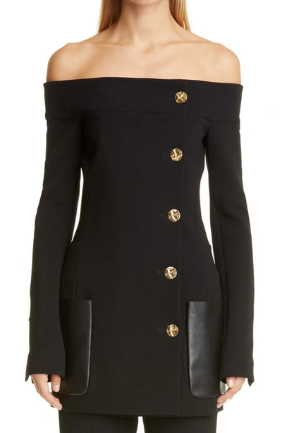 Shop Proenza Schouler Button Detail Off The Shoulder Stretch Wool Suiting Jacket In Black