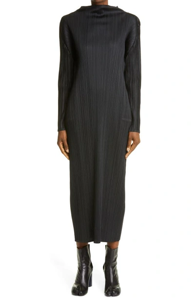 Shop Issey Miyake Pleated Long Sleeve Midi Dress In Black