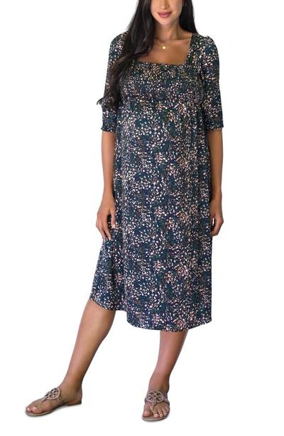 Shop Ingrid & Isabelr Smocked Square Neck Maternity Dress In Abstract Ditsy