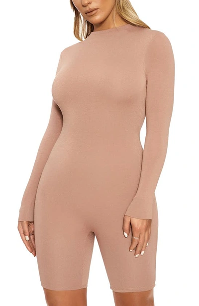 Shop Naked Wardrobe The Nw All Body Long Sleeve Romper In Tan